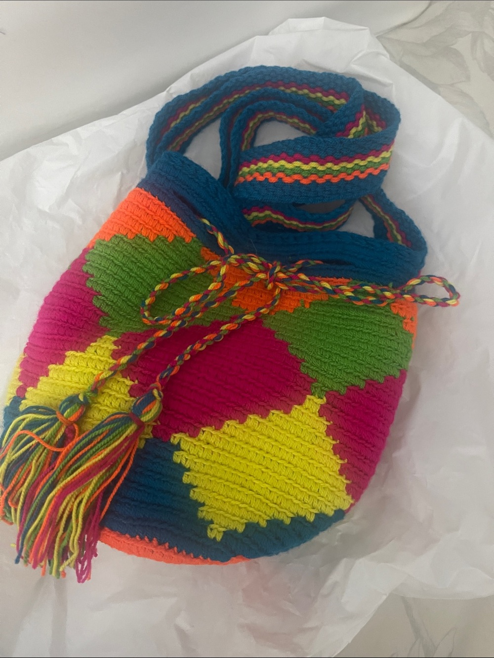 Handwoven Multicolor Wayuu-Style Bucket Bag - Vibrant Pink, Yellow, Green & Blue